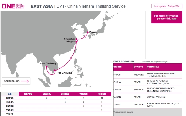国际海运公司ONE推出中国-越南-泰国新航线（挂靠我国上海宁波等港口）
